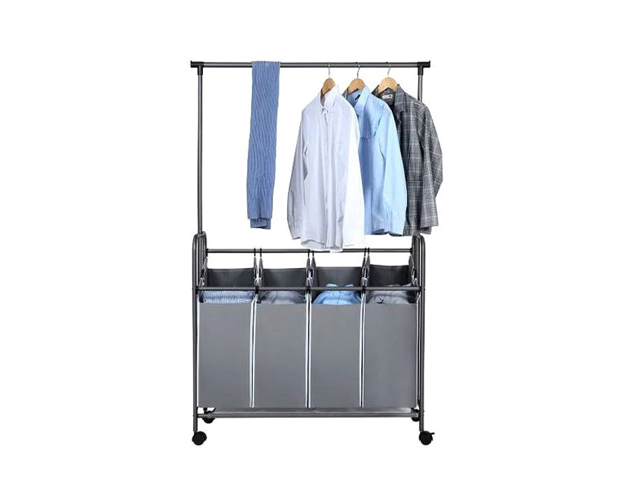 FaFurn - Gray 4-Bag Laundry Cart Hamper with Hanging Garment Rack Bar