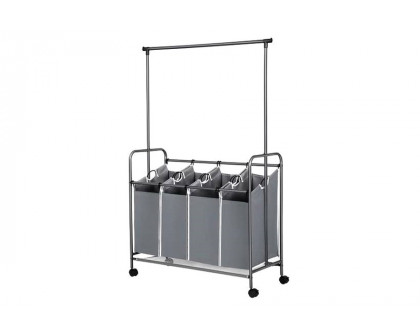 FaFurn - Gray 4-Bag Laundry Cart Hamper with Hanging Garment Rack Bar