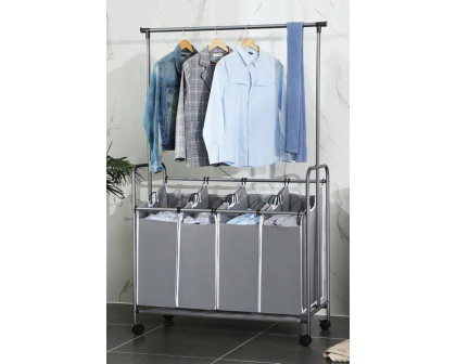 FaFurn - Gray 4-Bag Laundry Cart Hamper with Hanging Garment Rack Bar