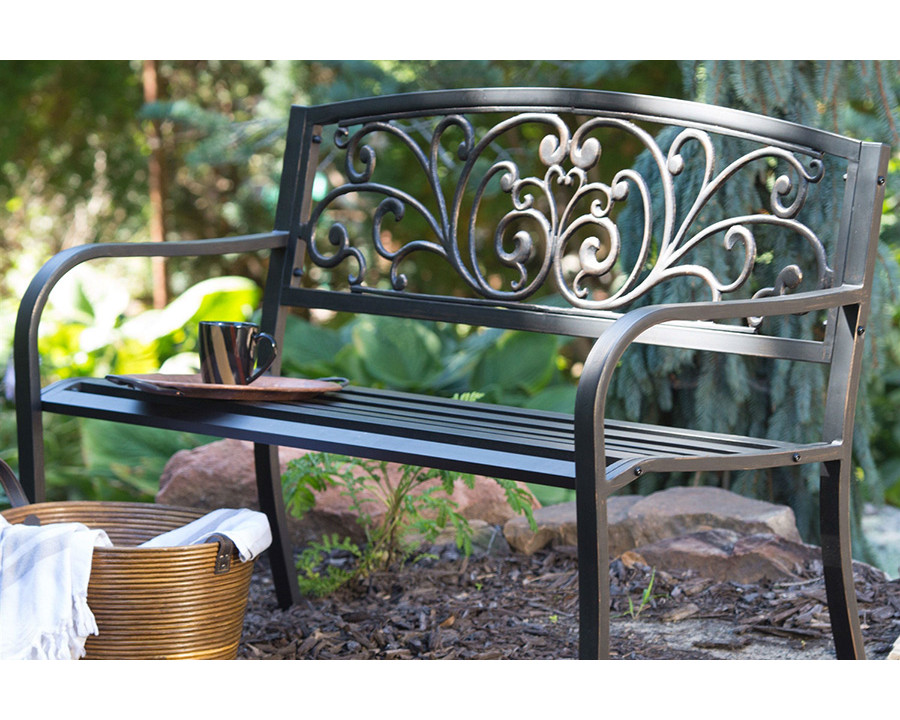 FaFurn - Curved Metal Garden Bench with Heart Pattern in Black Antique Bronze Finish