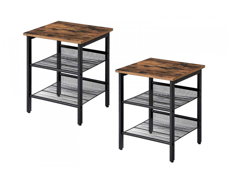 FaFurn - Side Table Nightstand with Medium Wood Finish Top and Mesh Shelves (Set of 2)