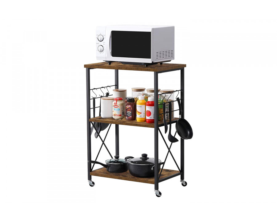 FaFurn - Black Metal Rustic Brown Wood 3-Shelf Kitchen Baker'S Rack Microwave Cart