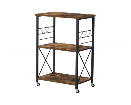 FaFurn - Black Metal Rustic Brown Wood 3-Shelf Kitchen Baker'S Rack Microwave Cart