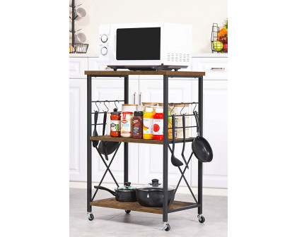 FaFurn - Black Metal Rustic Brown Wood 3-Shelf Kitchen Baker'S Rack Microwave Cart