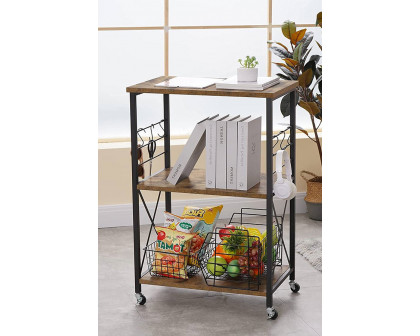 FaFurn - Black Metal Rustic Brown Wood 3-Shelf Kitchen Baker'S Rack Microwave Cart