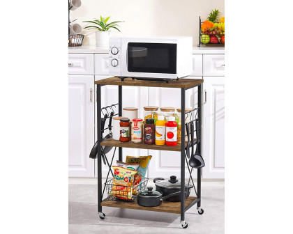 FaFurn - Black Metal Rustic Brown Wood 3-Shelf Kitchen Baker'S Rack Microwave Cart