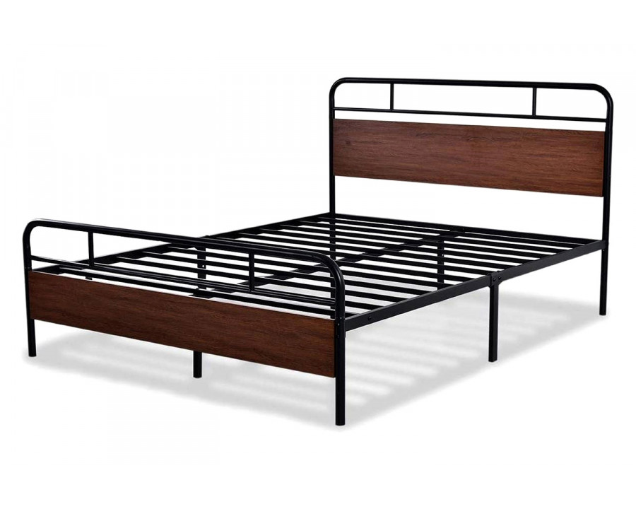 FaFurn Industrial Metal Wood Platform Bed Frame with Headboard and Footboard - Queen Size