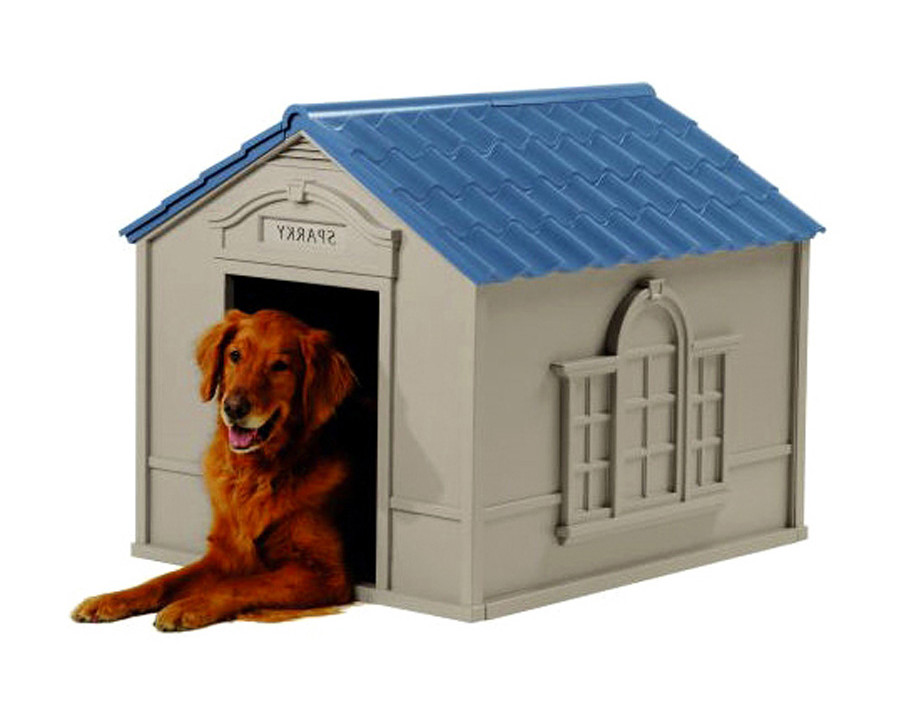 FaFurn - Outdoor Dog House in Taupe and Blue Roof Durable Resin For Dogs Up To 100 Lbs