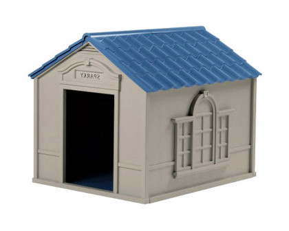 FaFurn - Outdoor Dog House in Taupe and Blue Roof Durable Resin For Dogs Up To 100 Lbs