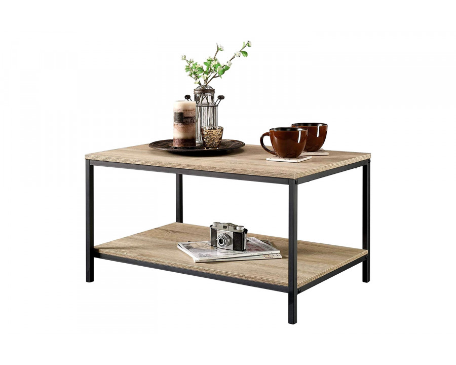 FaFurn Modern 2-Tier Metal Wooden Coffee Table - Rustic Light Oak