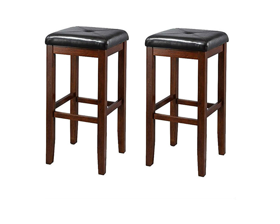 FaFurn - Vintage Mahogany Stools with Black Upholstered Seat (Set of 2)