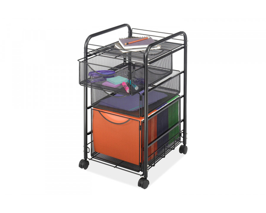 FaFurn - Black Metal Steel Mesh Mobile Filing Cabinet Cart with 2 Drawers and Wheels