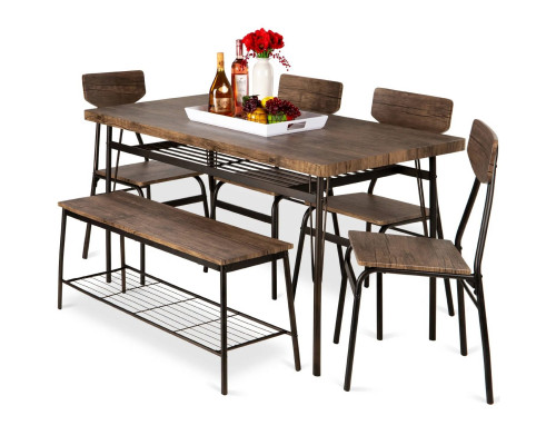 FaFurn 6-Piece Modern Dining Set with Table 4 Chairs and Storage Bench - Brown, Wood