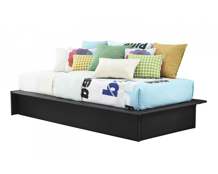 FaFurn - Twin Size Bed Frame with Wood Slats in Black, Leather