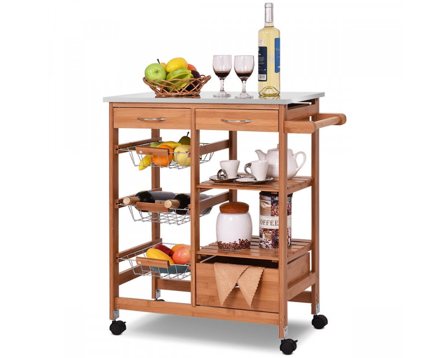 FaFurn - Kitchen Island Cart with Casters in Stainless Steel/Bamboo