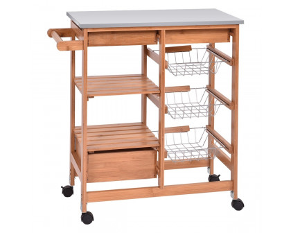 FaFurn - Kitchen Island Cart with Casters in Stainless Steel/Bamboo