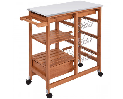 FaFurn - Kitchen Island Cart with Casters in Stainless Steel/Bamboo