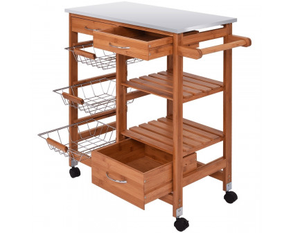 FaFurn - Kitchen Island Cart with Casters in Stainless Steel/Bamboo