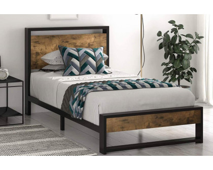 FaFurn Metal Wood Platform Bed Frame with Industrial Headboard - Twin Size