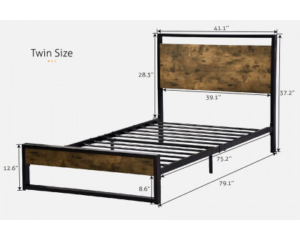 FaFurn Metal Wood Platform Bed Frame with Industrial Headboard - Twin Size