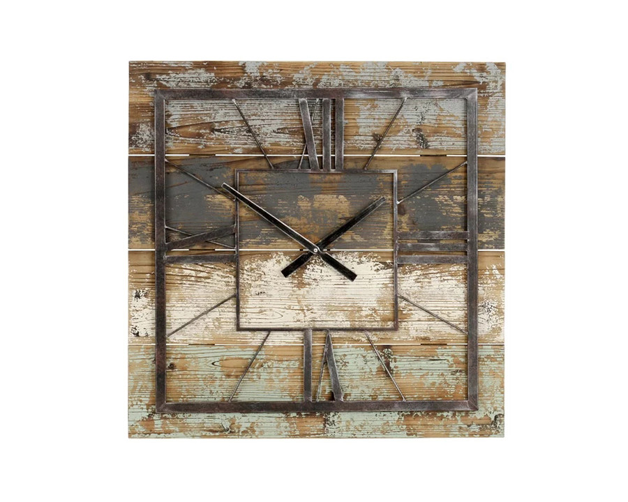 FaFurn - Square 27.5-Inch Wood and Metal Wall Clock Industrial Style