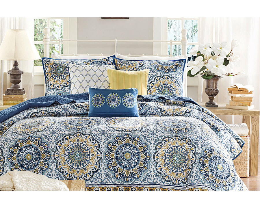 FaFurn - Queen Size 6-Piece Coverlet Quilt Set in Blue Floral Pattern