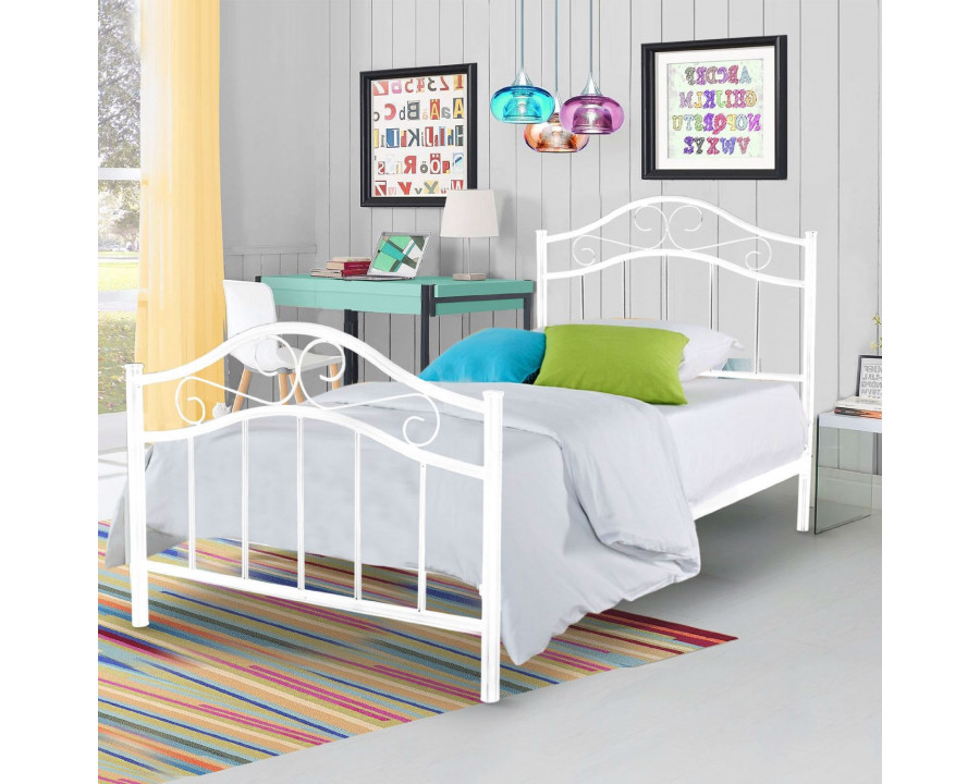 FaFurn - Twin Size Platform Bed Frame with Headboard and Footboard in White, Metal