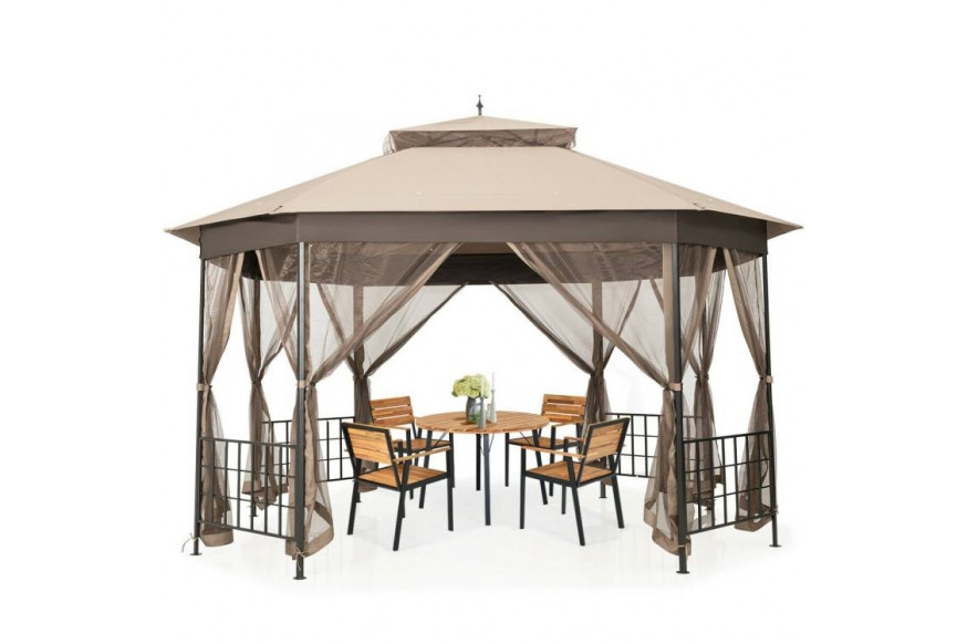 FaFurn™ Gazebo with Mosquito Net Sidewalls and Canopy - Brown, Metal/Polyester