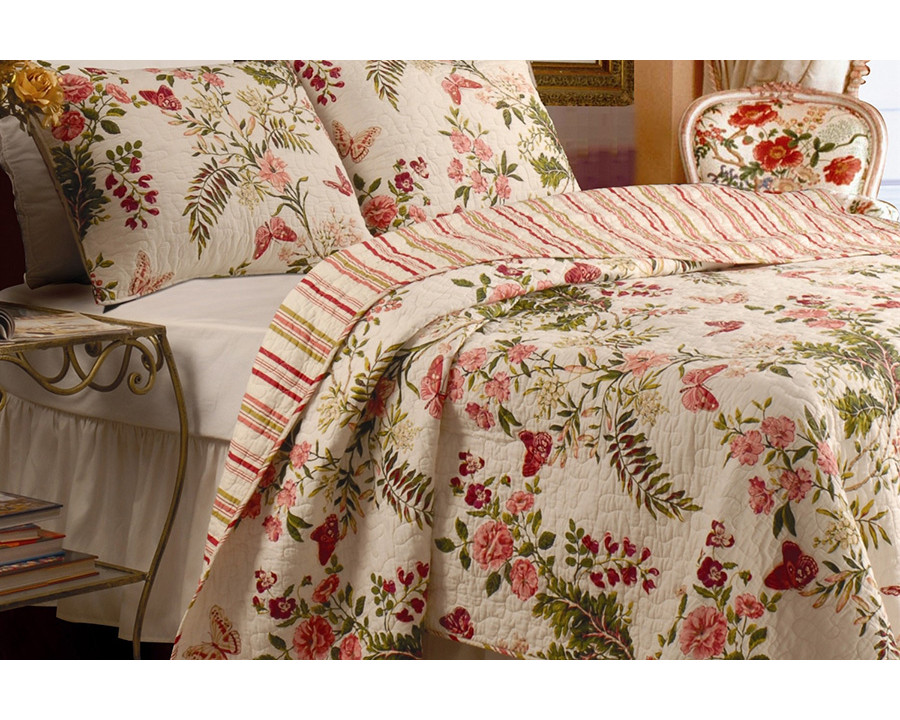 FaFurn - 3-Piece Cotton Quilt Set in Pink/Beige Floral Butterflies