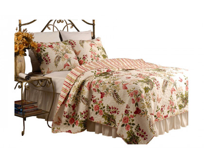 FaFurn - 3-Piece Cotton Quilt Set in Pink/Beige Floral Butterflies