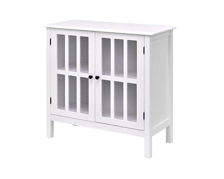 FaFurn - White Wood Bathroom Storage Floor Cabinet with Glass Doors