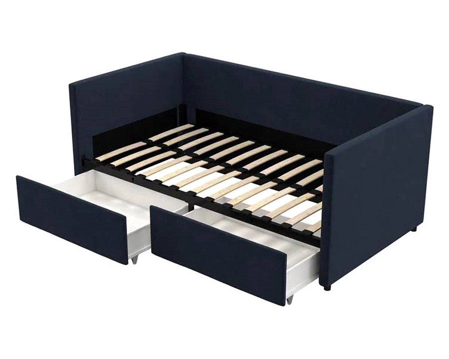 FaFurn - Navy Blue Linen Upholstered Daybed with Pull-Out Storage Drawers