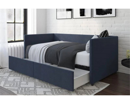 FaFurn - Navy Blue Linen Upholstered Daybed with Pull-Out Storage Drawers