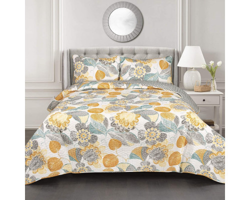 FaFurn - 3-Piece Full/Queen Size Reversible Quilt Set in Yellow/Gray/Teal, Cotton