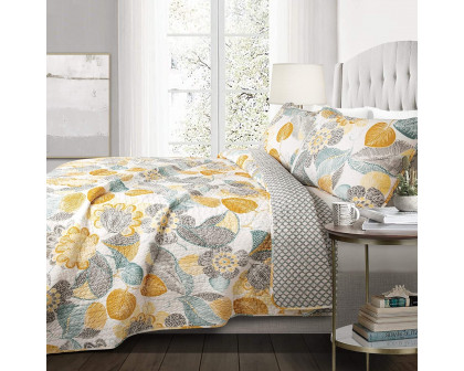 FaFurn - 3-Piece Full/Queen Size Reversible Quilt Set in Yellow/Gray/Teal, Cotton