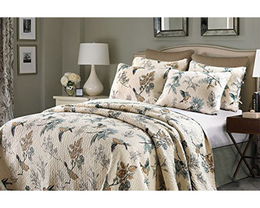 FaFurn - Twin Size 2-Piece Cotton Quilt Bedspread Set with Floral Birds Pattern