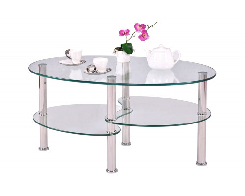 FaFurn Modern Oval Tempered Glass Coffee Table with Bottom Shelf - Clear/Chrome