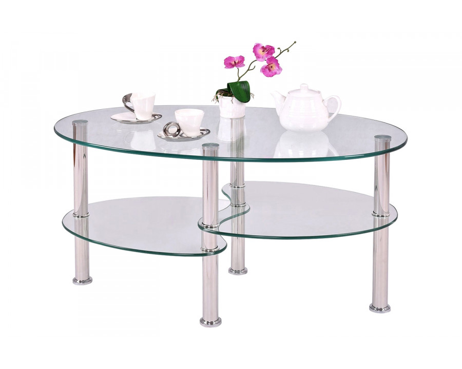 FaFurn - Modern Oval Tempered Glass Coffee Table with Bottom Shelf