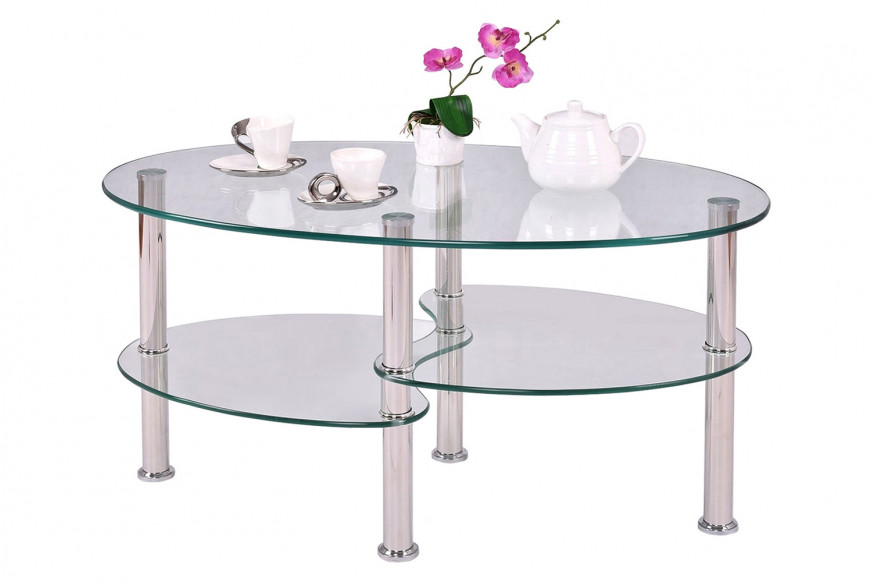 FaFurn™ Modern Oval Tempered Glass Coffee Table with Bottom Shelf - Clear/Chrome