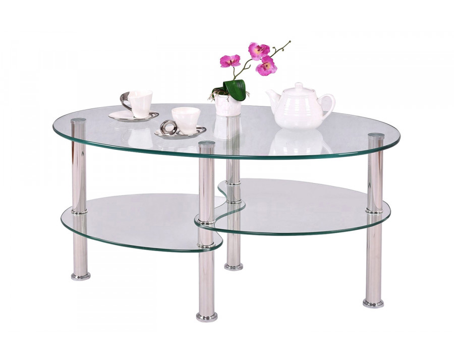 FaFurn Modern Oval Tempered Glass Coffee Table with Bottom Shelf - Clear/Chrome