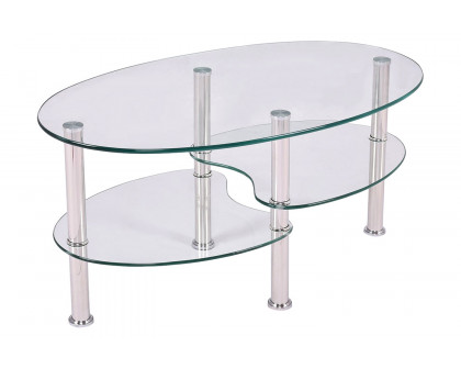 FaFurn™ Modern Oval Tempered Glass Coffee Table with Bottom Shelf - Clear/Chrome