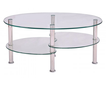 FaFurn™ Modern Oval Tempered Glass Coffee Table with Bottom Shelf - Clear/Chrome