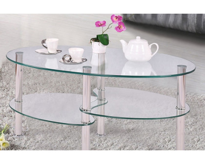 FaFurn™ Modern Oval Tempered Glass Coffee Table with Bottom Shelf - Clear/Chrome