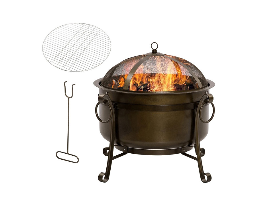 FaFurn Outdoor Wood Burning Fire Pit Cauldron Style Steel Bowl with Bbq Grill, Log Poker, and Mesh Screen Lid