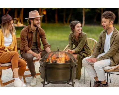 FaFurn Outdoor Wood Burning Fire Pit Cauldron Style Steel Bowl with Bbq Grill, Log Poker, and Mesh Screen Lid