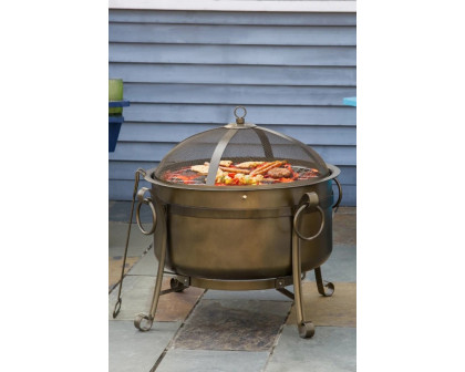 FaFurn Outdoor Wood Burning Fire Pit Cauldron Style Steel Bowl with Bbq Grill, Log Poker, and Mesh Screen Lid