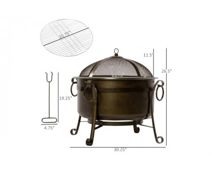 FaFurn Outdoor Wood Burning Fire Pit Cauldron Style Steel Bowl with Bbq Grill, Log Poker, and Mesh Screen Lid