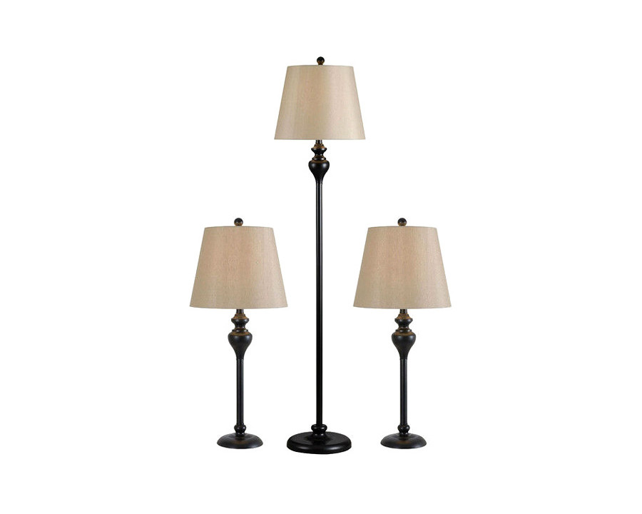 FaFurn - 3-Piece Floor Lamp and Table Desk Lamp Set in Black with Light Gold Drum Shades