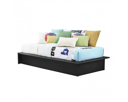 FaFurn - Twin Size Platform Bed Frame with Wood Slats in Black, Leather