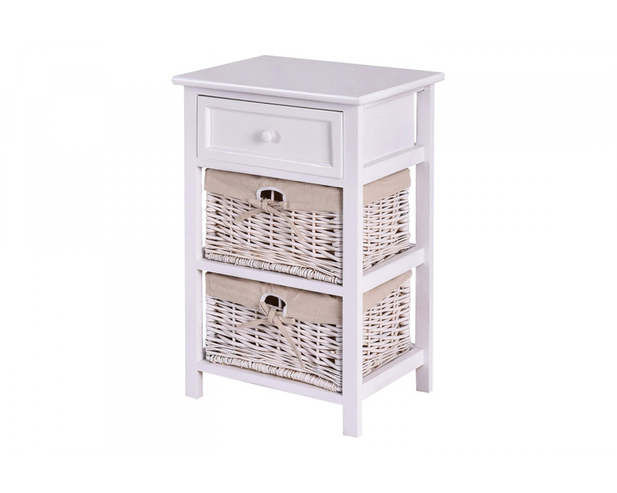 FaFurn - White Wooden 1-Drawer End Table Nightstand with 2 Baskets